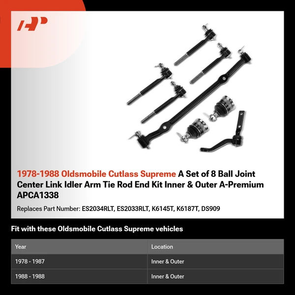 1978-1988 Oldsmobile Cutlass Supreme A Set of 8 Ball Joint Center Link Idler Arm Tie Rod End Kit Inner & Outer A-Premium APCA1338