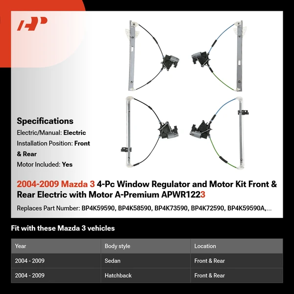 2004-2009 Mazda 3 4-Pc Window Regulator and Motor Kit Front & Rear Electric with Motor A-Premium APWR1223
