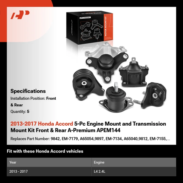 2013-2017 Honda Accord 5-Pc Engine Mount and Transmission Mount Kit Front & Rear A-Premium APEM144