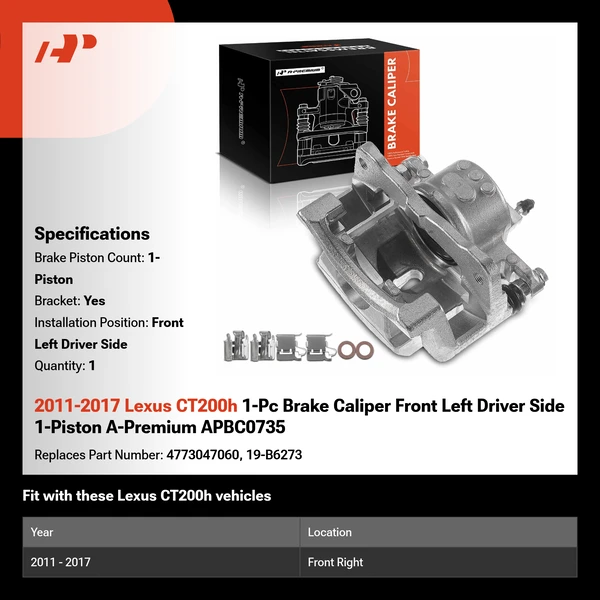 2011-2017 Lexus CT200h 1-Pc Brake Caliper Front Left Driver Side 1-Piston A-Premium APBC0735