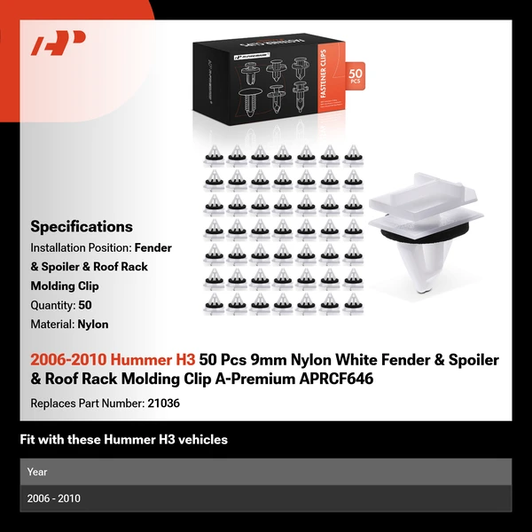 2006-2010 Hummer H3 50 Pcs 9mm Nylon White Fender & Spoiler & Roof Rack Molding Clip A-Premium APRCF646