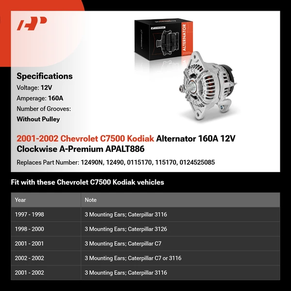 2001-2002 Chevrolet C7500 Kodiak Alternator 160A 12V Clockwise A-Premium APALT886