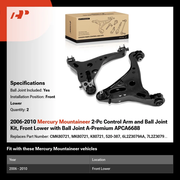 2006-2010 Mercury Mountaineer 2-Pc Control Arm and Ball Joint Kit, Front Lower with Ball Joint A-Premium APCA6688