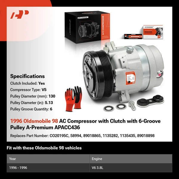 1996 Oldsmobile 98 AC Compressor with Clutch with 6-Groove Pulley A-Premium APACC436