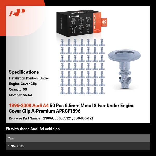 1996-2008 Audi A4 50 Pcs 6.5mm Metal Silver Under Engine Cover Clip A-Premium APRCF1596