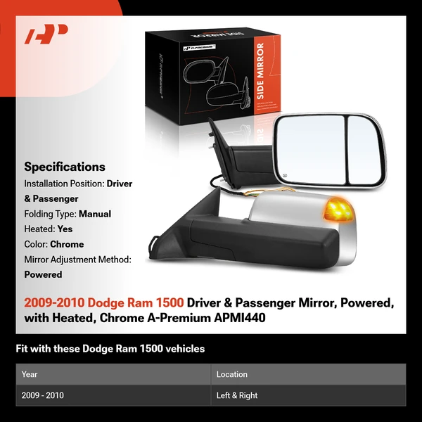 2009-2010 Dodge Ram 1500 Driver & Passenger Mirror, Powered, with Heated, Chrome A-Premium APMI440