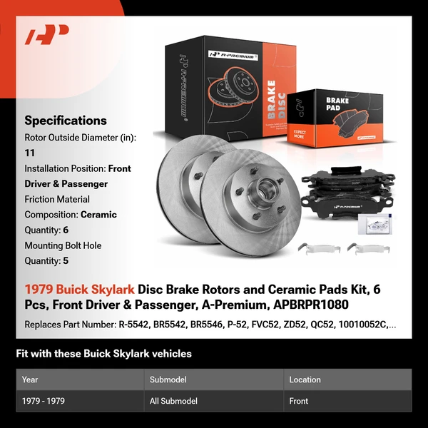 1979 Buick Skylark Disc Brake Rotors and Ceramic Pads Kit, 6 Pcs, Front Driver & Passenger, A-Premium, APBRPR1080