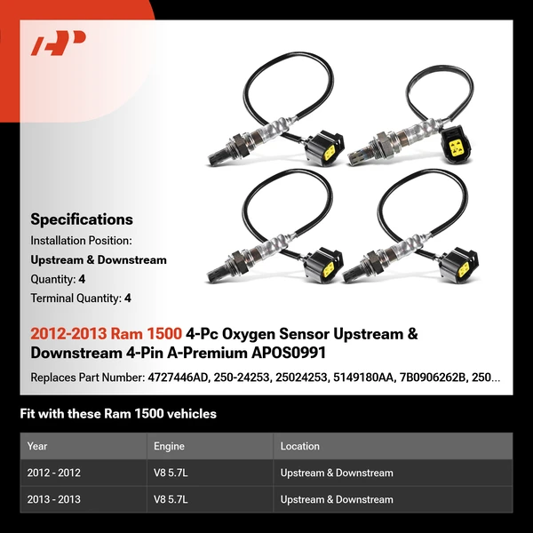 2012-2013 Ram 1500 4-Pc Oxygen Sensor Upstream & Downstream 4-Pin A-Premium APOS0991