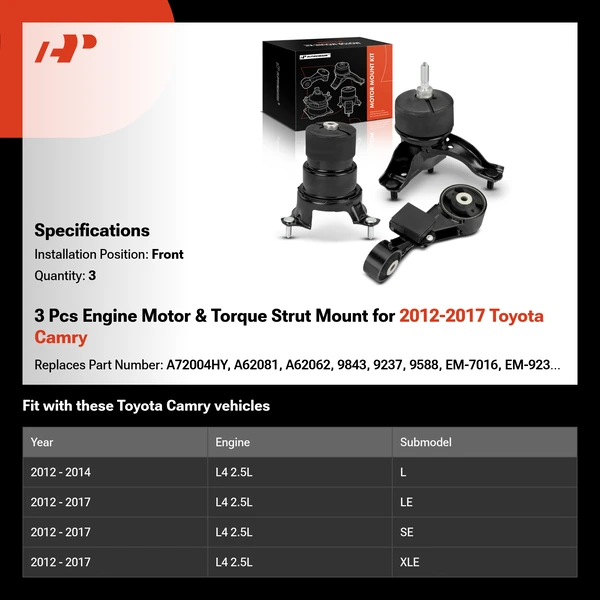 2012-2017 Toyota Camry 3-Pc Engine Mount and Transmission Mount Kit Front A-Premium APEM872