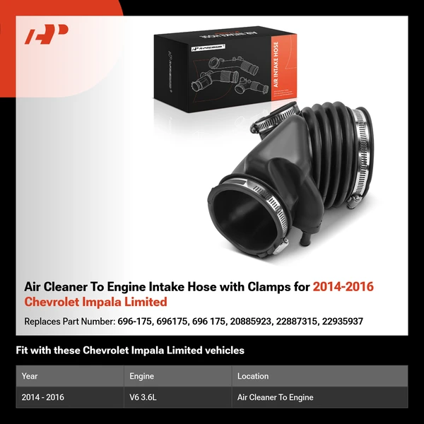 Air Cleaner To Engine Intake Hose with Clamps for 2014-2016 Chevrolet Impala Limited