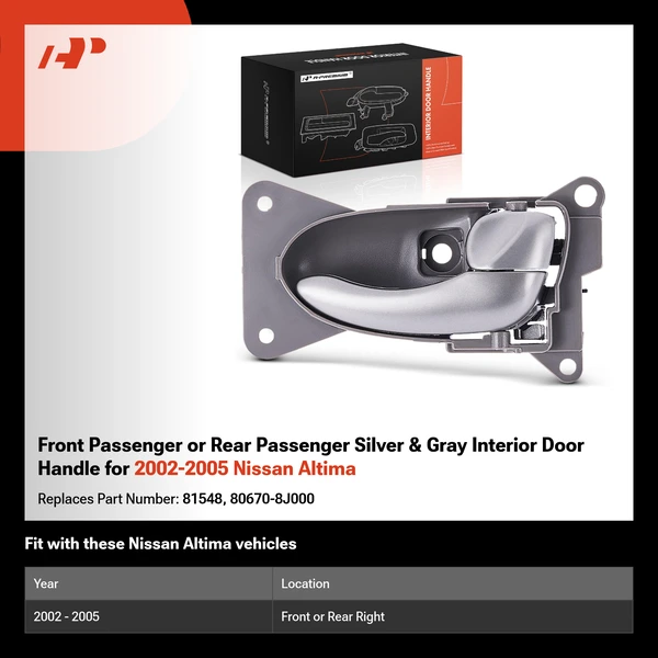 Front Passenger or Rear Passenger Silver & Gray Interior Door Handle for 2002-2005 Nissan Altima