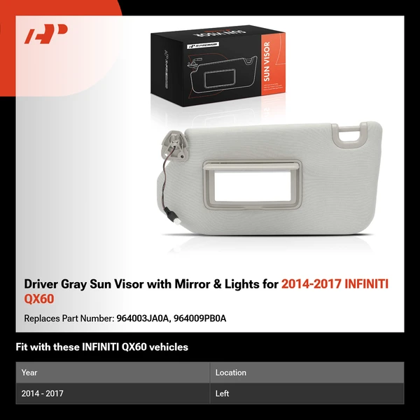 Driver Gray Sun Visor with Mirror & Lights for 2014-2017 INFINITI QX60