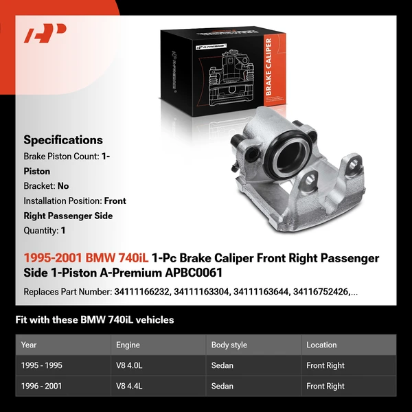 1995-2001 BMW 740iL 1-Pc Brake Caliper Front Right Passenger Side 1-Piston A-Premium APBC0061