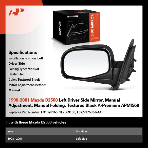 1998-2001 Mazda B2500 Left Driver Side Mirror, Manual Adjustment, Manual Folding, Textured Black A-Premium APMI560