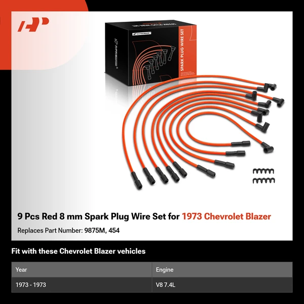 9 Pcs Red 8 mm Spark Plug Wire Set for 1973 Chevrolet Blazer