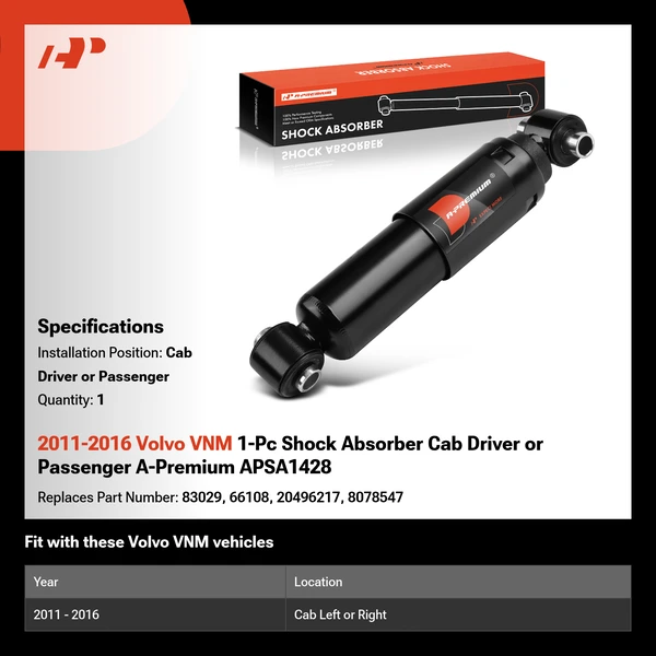 2011-2016 Volvo VNM 1-Pc Shock Absorber Cab Driver or Passenger A-Premium APSA1428