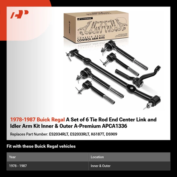 1978-1987 Buick Regal A Set of 6 Tie Rod End Center Link and Idler Arm Kit Inner & Outer A-Premium APCA1336