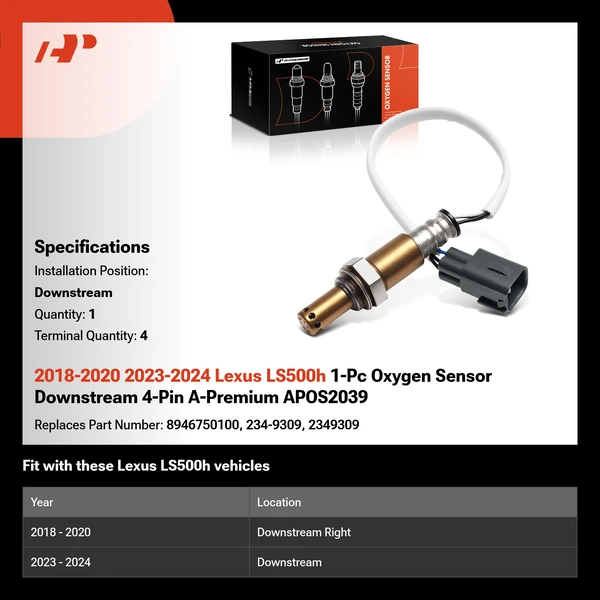 2018-2020 2023-2024 Lexus LS500h 1-Pc Oxygen Sensor Downstream 4-Pin A-Premium APOS2039