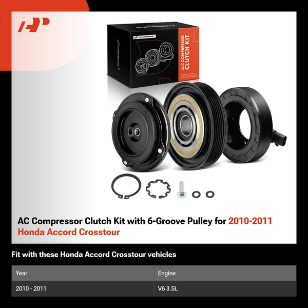 AC Compressor Clutch Kit with 6-Groove Pulley for 2010-2011 Honda Accord Crosstour