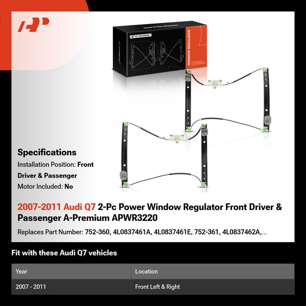 2007-2011 Audi Q7 2-Pc Power Window Regulator Front Driver & Passenger A-Premium APWR3220