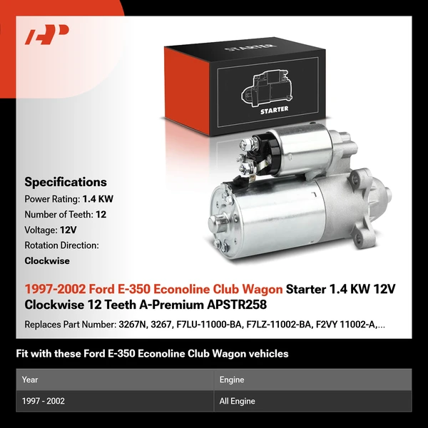1997-2002 Ford E-350 Econoline Club Wagon Starter 1.4 KW 12V Clockwise 12 Teeth A-Premium APSTR258