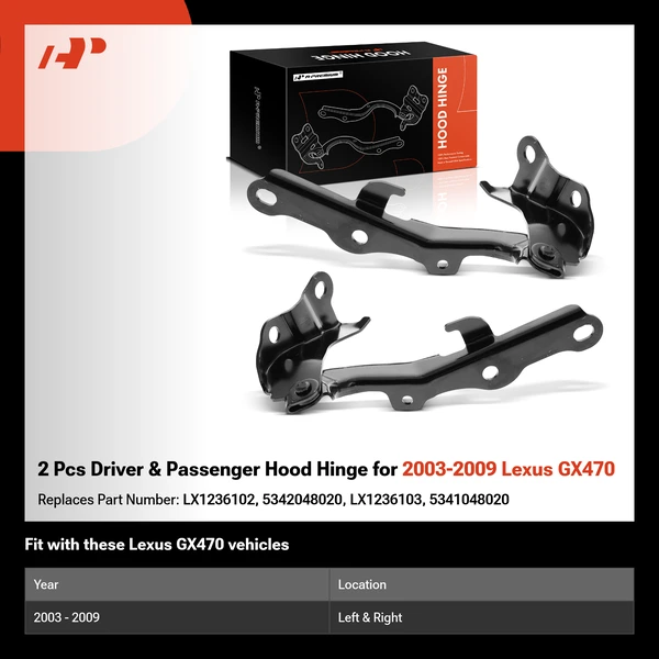 2 Pcs Driver & Passenger Hood Hinge for 2003-2009 Lexus GX470