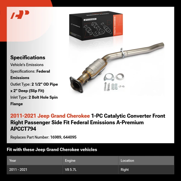 2011-2021 Jeep Grand Cherokee 1-PC Catalytic Converter Front Right Passenger Side Fit Federal Emissions A-Premium APCCT794