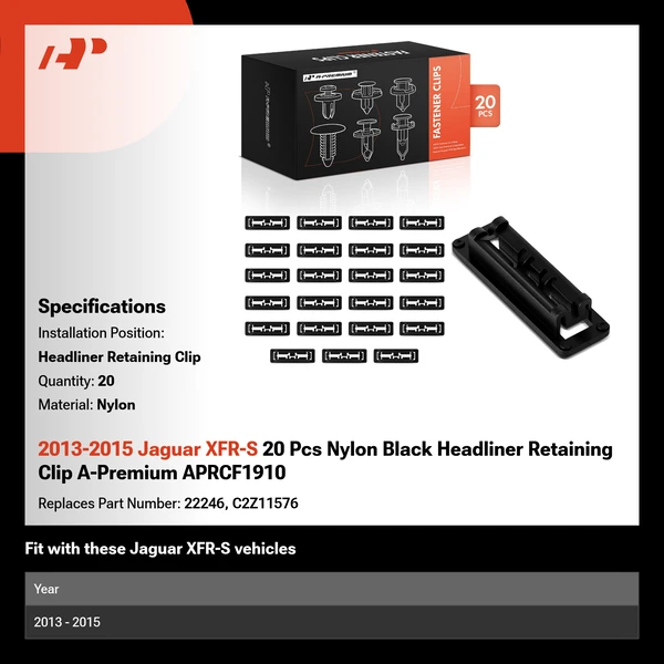 2013-2015 Jaguar XFR-S 20 Pcs Nylon Black Headliner Retaining Clip A-Premium APRCF1910