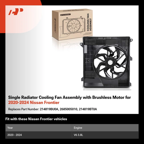 Single Radiator Cooling Fan Assembly with Brushless Motor for 2020-2024 Nissan Frontier