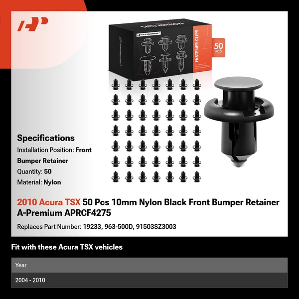 2010 Acura TSX 50 Pcs 10mm Nylon Black Front Bumper Retainer A-Premium APRCF4275