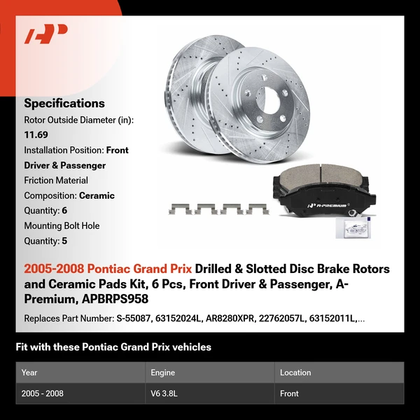 2005-2008 Pontiac Grand Prix Drilled & Slotted Disc Brake Rotors and Ceramic Pads Kit, 6 Pcs, Front Driver & Passenger, A-Premium, APBRPS958