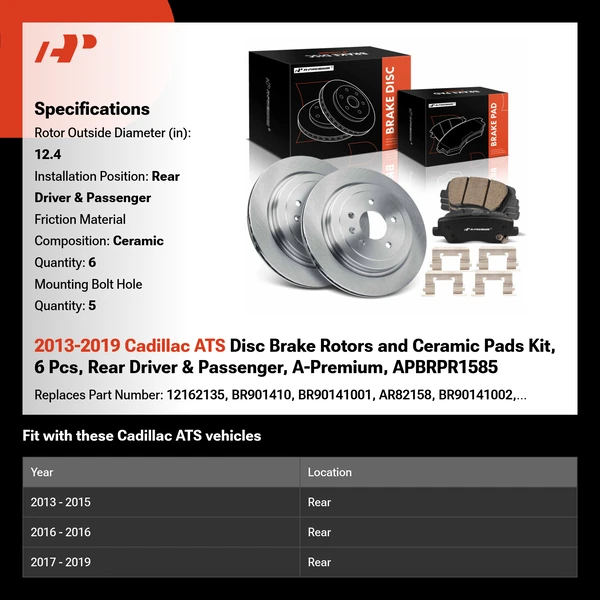 2013-2019 Cadillac ATS Disc Brake Rotors and Ceramic Pads Kit, 6 Pcs, Rear Driver & Passenger, A-Premium, APBRPR1585
