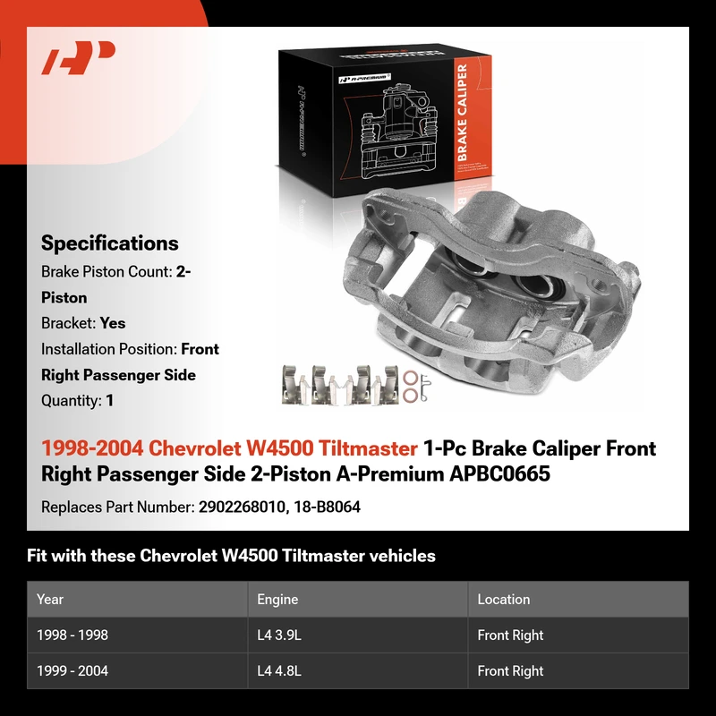 1998-2004 Chevrolet W4500 Tiltmaster 1-Pc Brake Caliper Front Right Passenger Side 2-Piston A-Premium APBC0665