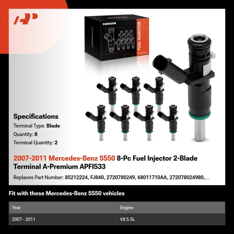 2007-2011 Mercedes-Benz S550 8-Pc Fuel Injector 2-Blade Terminal A-Premium APFI533