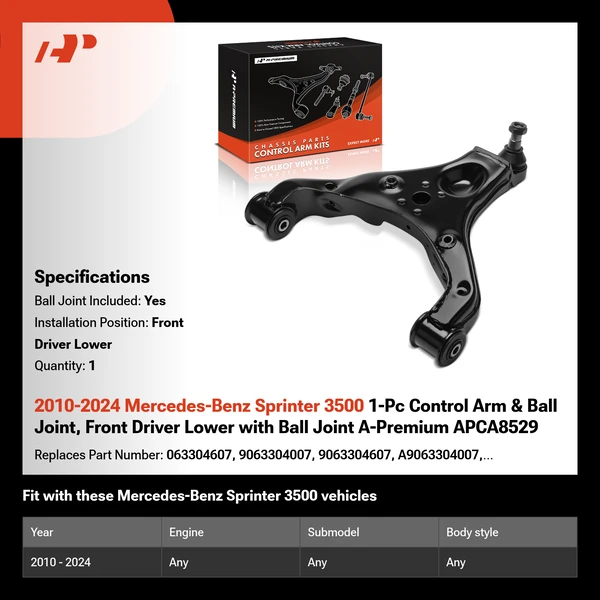 2010-2024 Mercedes-Benz Sprinter 3500 1-Pc Control Arm & Ball Joint, Front Driver Lower with Ball Joint A-Premium APCA8529