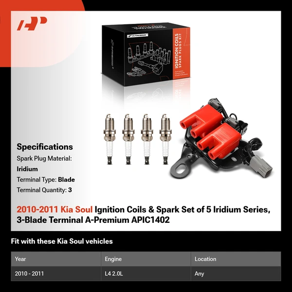 2010-2011 Kia Soul Ignition Coils & Spark Set of 5 Iridium Series, 3-Blade Terminal A-Premium APIC1402