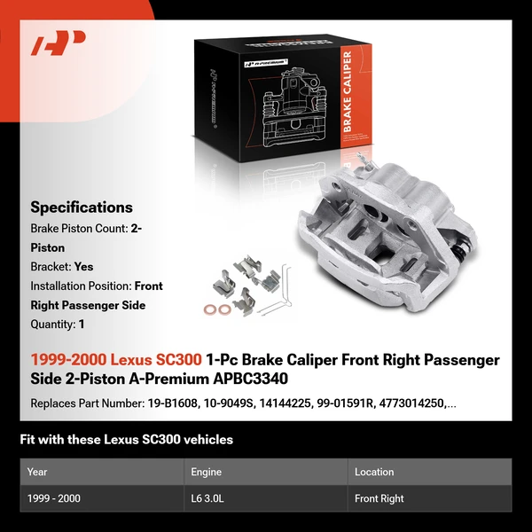 1999-2000 Lexus SC300 1-Pc Brake Caliper Front Right Passenger Side 2-Piston A-Premium APBC3340