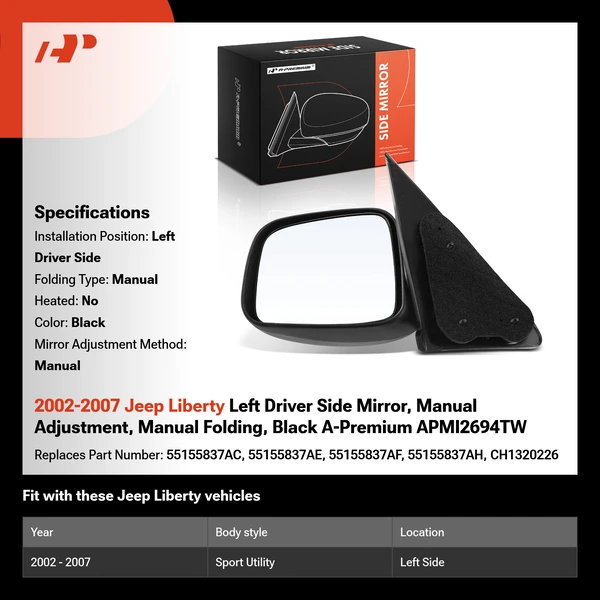 2002-2007 Jeep Liberty Left Driver Side Mirror, Manual Adjustment, Manual Folding, Black A-Premium APMI2694TW