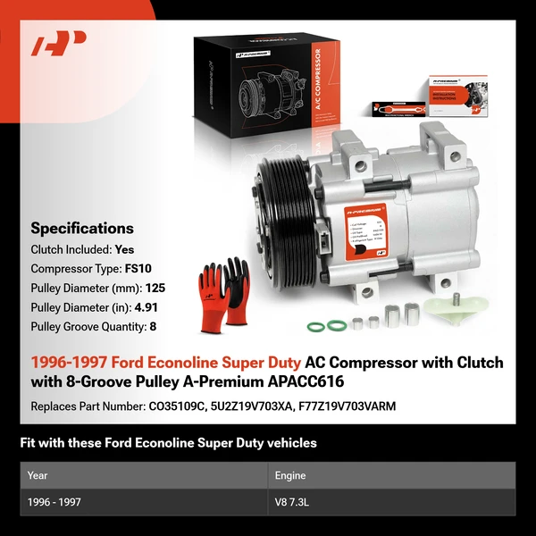 1996-1997 Ford Econoline Super Duty AC Compressor with Clutch with 8-Groove Pulley A-Premium APACC616