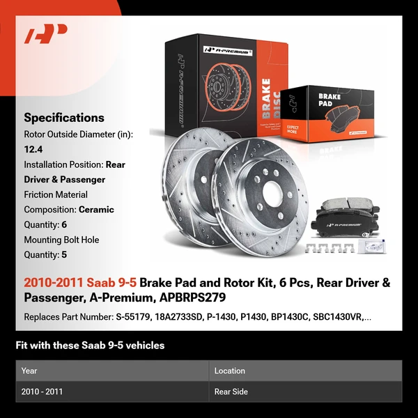 2010-2011 Saab 9-5 Brake Pad and Rotor Kit, 6 Pcs, Rear Driver & Passenger, A-Premium, APBRPS279