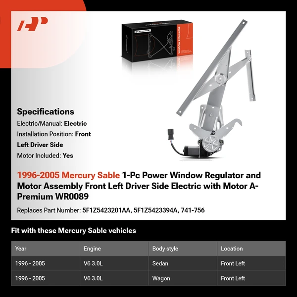 1996-2005 Mercury Sable 1-Pc Power Window Regulator and Motor Assembly Front Left Driver Side Electric with Motor A-Premium WR0089