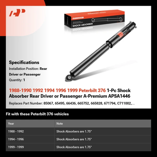 1988-1990 1992 1994 1996 1999 Peterbilt 376 1-Pc Shock Absorber Rear Driver or Passenger A-Premium APSA1446