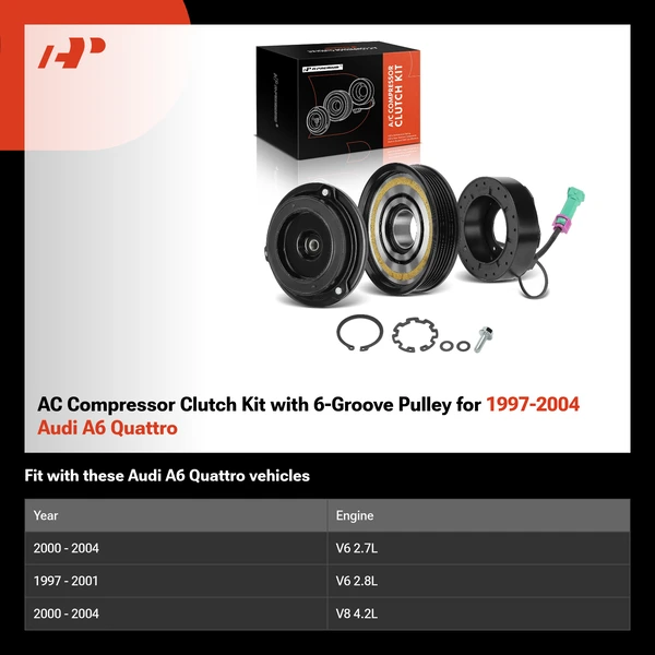AC Compressor Clutch Kit with 6-Groove Pulley for 1997-2004 Audi A6 Quattro