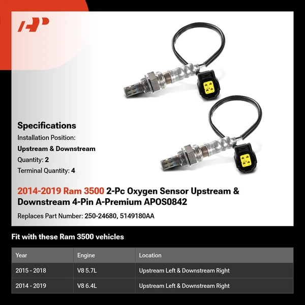 2014-2019 Ram 3500 2-Pc Oxygen Sensor Upstream & Downstream 4-Pin A-Premium APOS0842