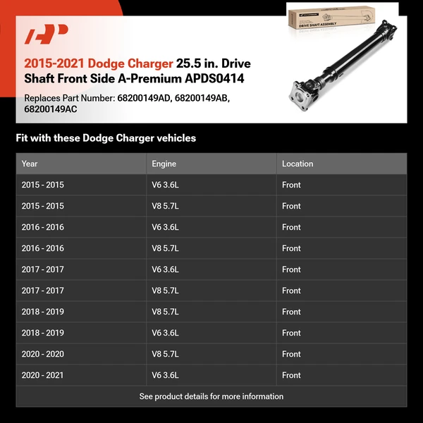 2015-2021 Dodge Charger 25.5 in. Drive Shaft Front Side A-Premium APDS0414