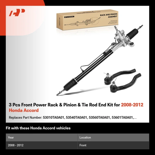 3 Pcs Front Power Rack & Pinion & Tie Rod End Kit for 2008-2012 Honda Accord