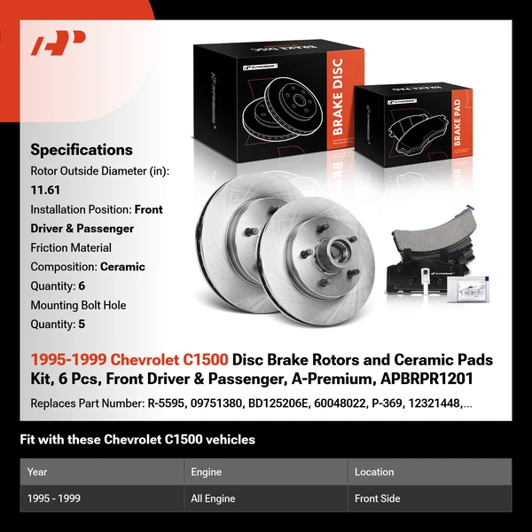 1995-1999 Chevrolet C1500 Disc Brake Rotors and Ceramic Pads Kit, 6 Pcs, Front Driver & Passenger, A-Premium, APBRPR1201