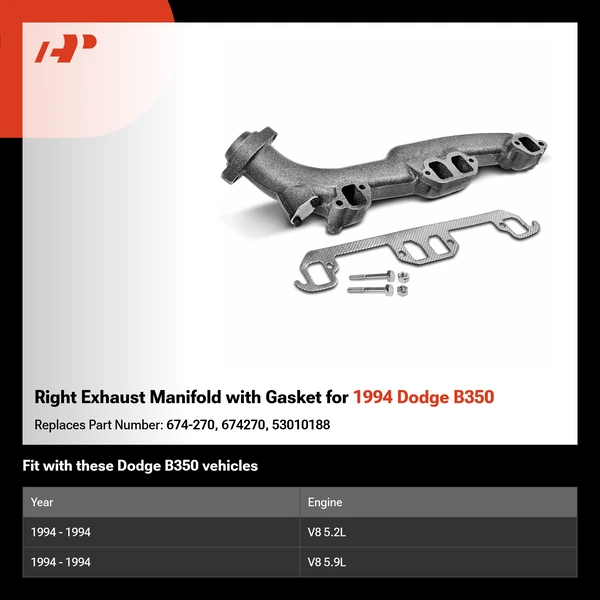 Right Exhaust Manifold with Gasket for 1994 Dodge B350