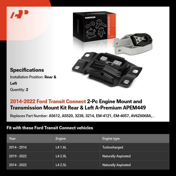 2014-2022 Ford Transit Connect 2-Pc Engine Mount and Transmission Mount Kit Rear & Left A-Premium APEM449