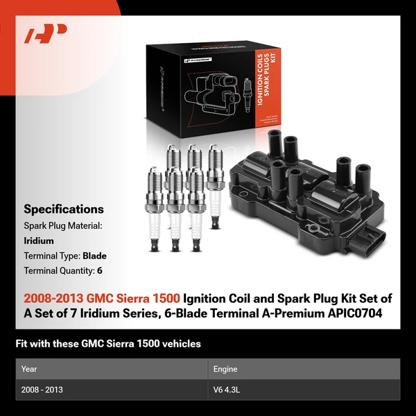2008-2013 GMC Sierra 1500 Ignition Coil and Spark Plug Kit Set of A Set of 7 Iridium Series, 6-Blade Terminal A-Premium APIC0704